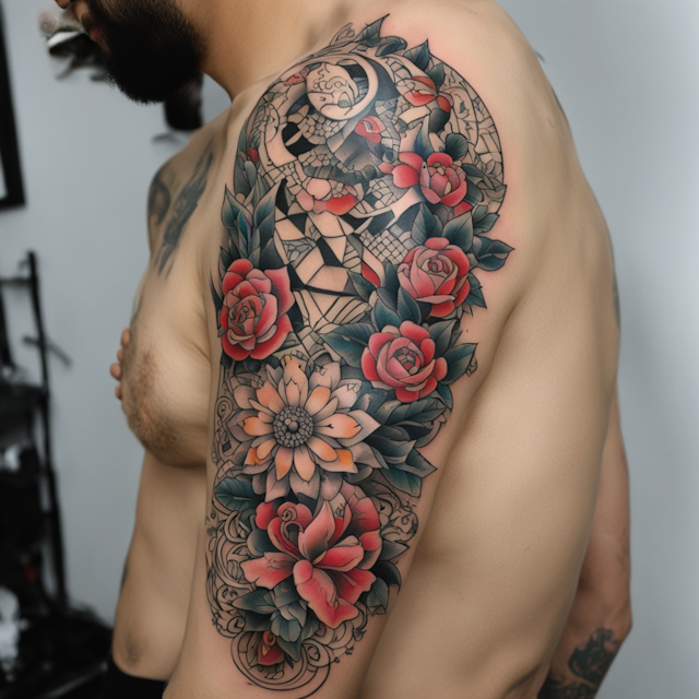 Neo Traditional Tattoo Style,patchwork tattoo ，on sleeve