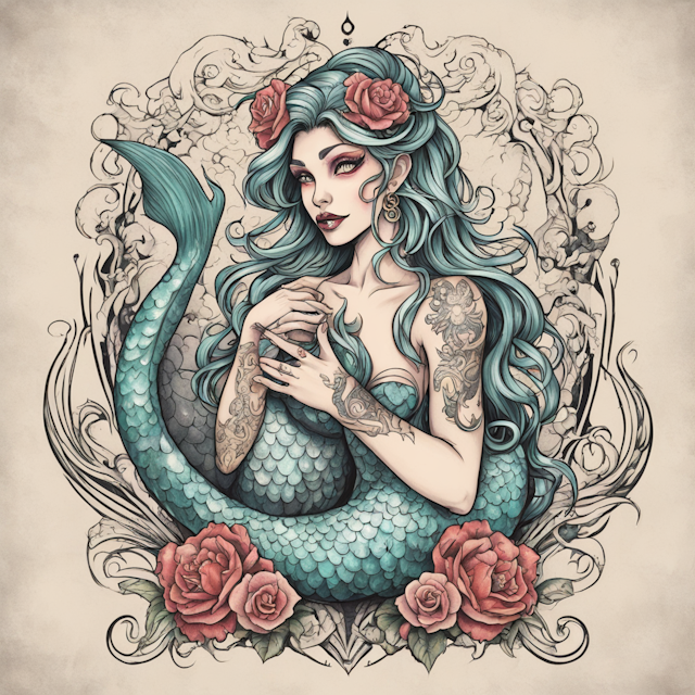 Neo Traditional Tattoo Style,A half-beautiful, half-monster mermaid made of a heart of stone. A brave Capricorn gores the mermaid.