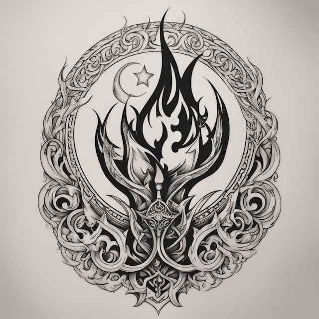 Black and Grey Tattoo Style,long flaming torch with pointed tip through triple moon symbol