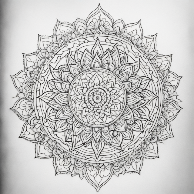 Line Tattoo Style,A detailed, intricate Mandala tattoo design featuring a symmetrical circular pattern at the center, radiating outward with layers of geometric shapes, petals, and fine lines. The outer layers should incorporate elements of nature, such as lotus petals and vines, blending seamlessly into the design. The overall aesthetic should be harmonious, with a balance between dense, detailed sections and more open, airy spaces. The design should evoke a sense of peace, balance, and spiritual connection, with a focus on symmetry and the flow of energy throughout the piece. The color scheme should be monochrome, focusing on black and gray, with fine line shading to add depth and dimension.