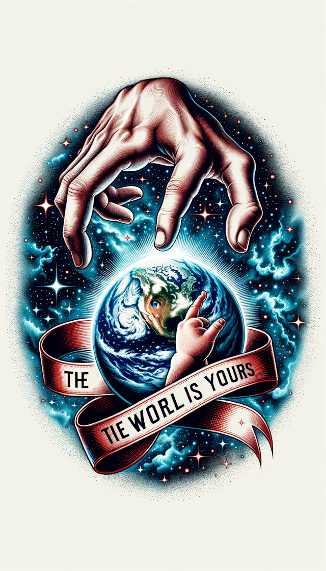 An inspirational scene depicting hands cradling the Earth with vast space in the background. On the Milky Way sits a child, pointing towards Earth with wonder and hope, symbolizing the limitless possibilities and potential of our world shoulder and on the earth the words “the world is yours” is around the earth like a ribbon in the colour red