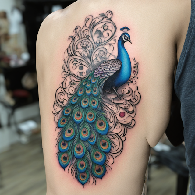 New School Tattoo Style,peacock design,like danny trejo tattoo,a symbol of purity, of fidelity,no body