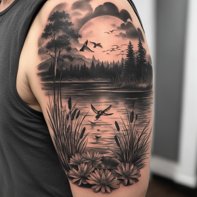 Black and Grey Tattoo Style,A nature sleeve with loons, rivers, cattails, Lilly pads, sunset, lake 