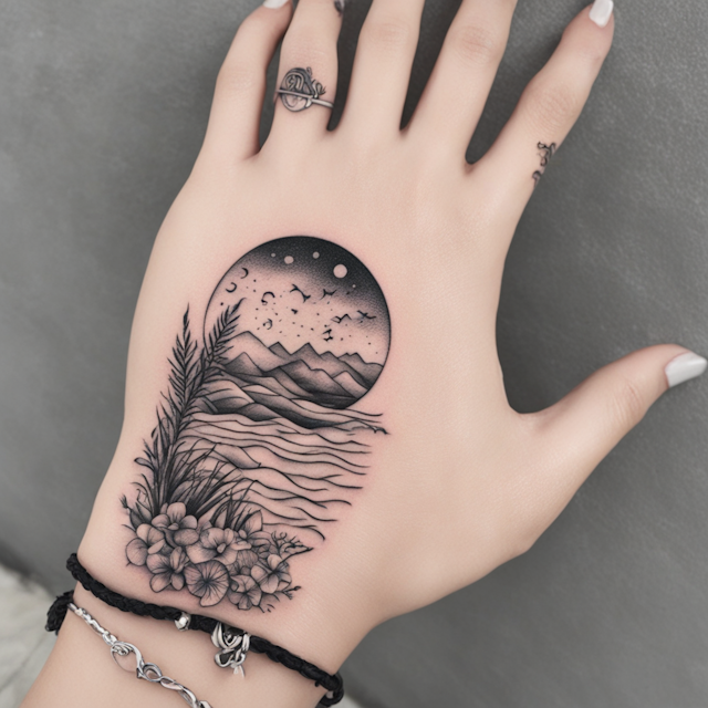 Black and Grey Tattoo Style,Wrist tattoo ocean with beach 