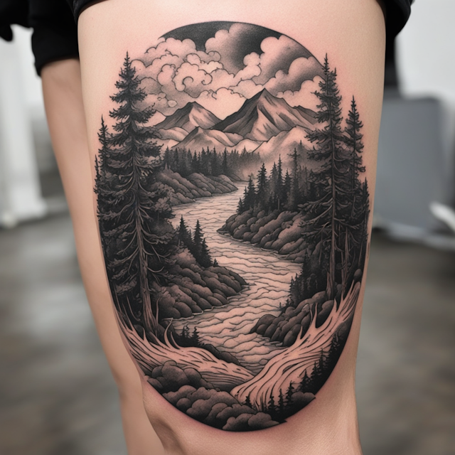 "Black and Grey Tattoo Style,Tattoo of a river surrounded by woods, with a storm forming in the back"