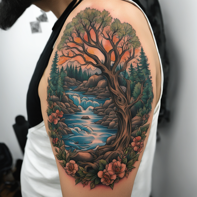 "Neo Traditional Tattoo Style,Sleeve Tattoo of a river surrounded by woods, with God peering from above"