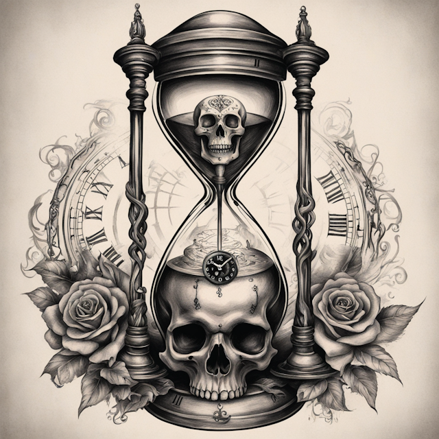 Black and Grey Tattoo Style,Hour glass with skull going through it with a clock and all seeing eye on top of hour glass