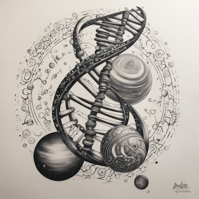 "Black and Grey Tattoo Style,DNA double helix with planets and binary code incorporated in"