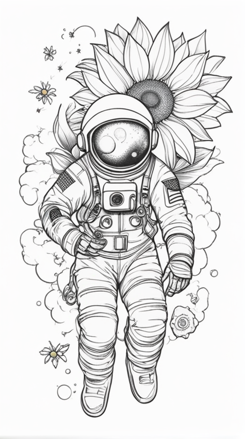 Irezumi Tattoo Style,an astronaut floating in space face to face with a sunflower looking at it  