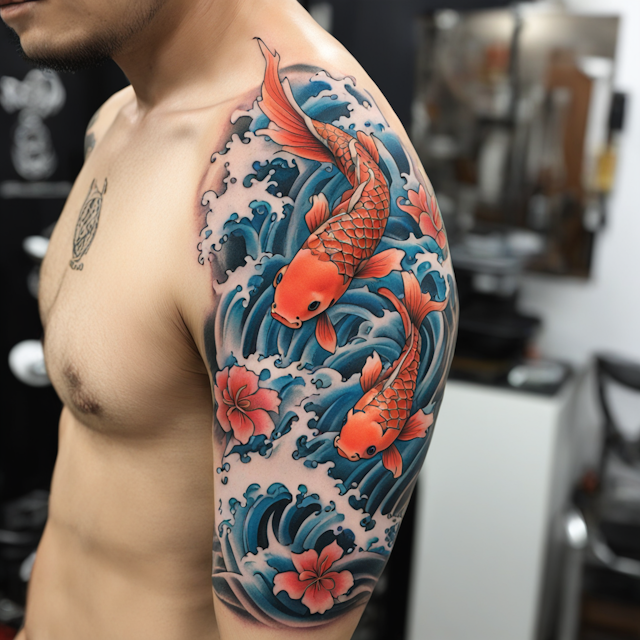 Irezumi Tattoo Style,A koi fish going up a waterfall halfsleeve