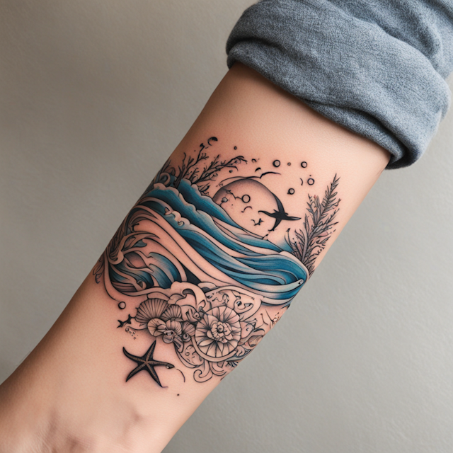 Neo Traditional Tattoo Style,Wrist wrap ocean tattoo with beach 