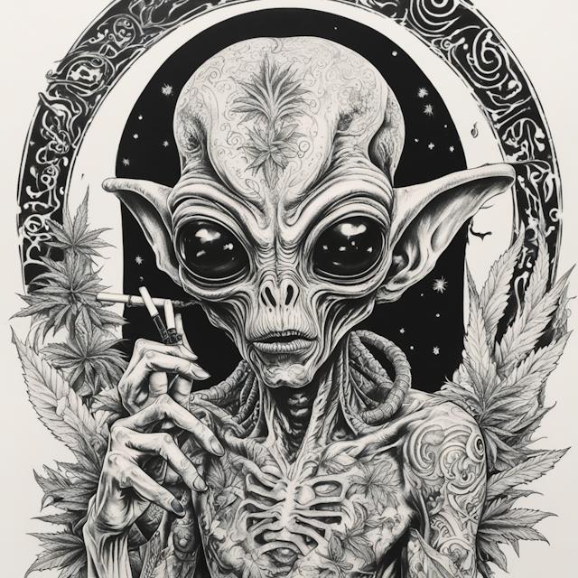 Irezumi Tattoo Style,alien from movie "Paul" 
smoking a marijuana cigarette
