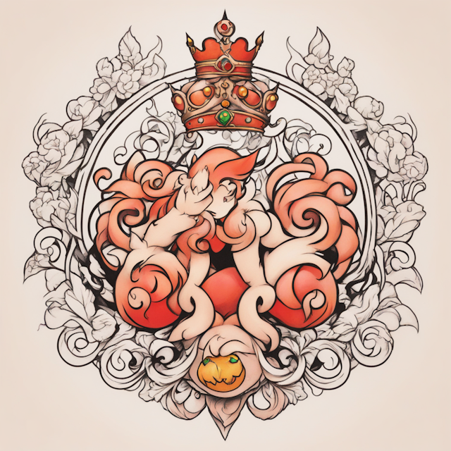 Neo Traditional Tattoo Style,Bdsm version of bowser's collar and princess peach's crown intertwined together creating a triskelion 