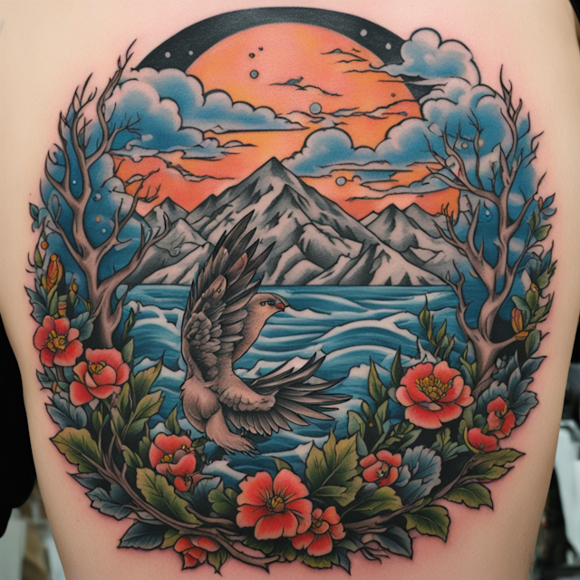 "Neo Traditional Tattoo Style,Military inspired tattoo, in the wilderness, with a storm "