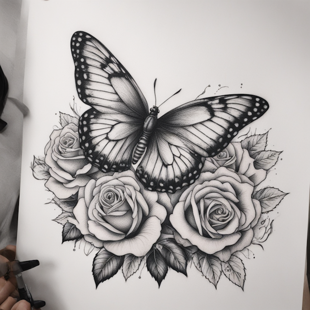 Black and Grey Tattoo Style,Butterfly on a rose