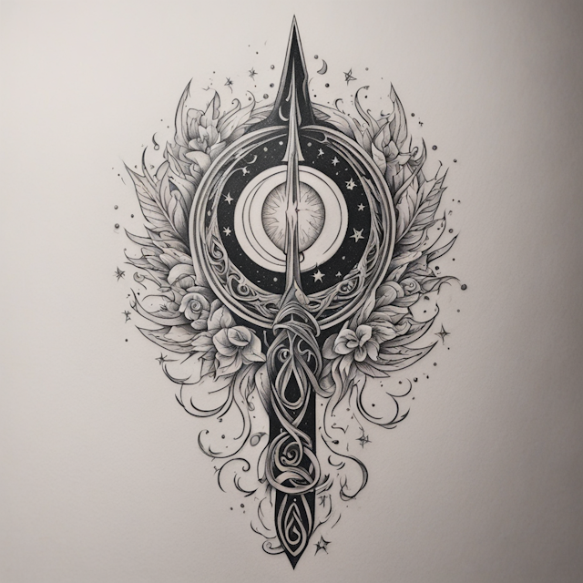 Black and Grey Tattoo Style,long pointed torch with pointed tip going straight through triple moon symbol