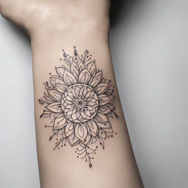 Line Tattoo Style,A minimal Mandala tattoo design with a few basic, elongated leaves and small, delicate petals. The shapes should be very simple, with smooth, flowing lines and minimal detail. Focus on just a few elements to create a calm, balanced composition. Use black ink, and keep the design as clean and minimalistic as possible.