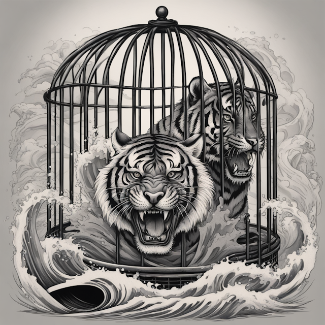 Black and Grey Tattoo Style,Tiger in a cage in the foreground. A black dog in the background. Make the filling waves. A surfboard pulling the cage up to the surface 