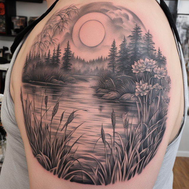 Black and Grey Tattoo Style,A nature sleeve with loon, rivers, cattails, Lilly pads, sunset, lake, weeping willow tree 