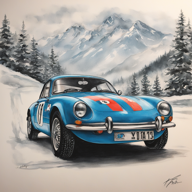 New School Tattoo Style,A Alpine A110, winner of Monte Carlo Rally 70' in my 
leg twink. it should show a tattoo but like a draw in a epic style.