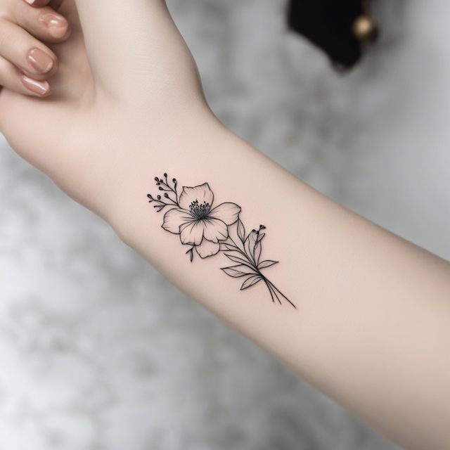 Line Tattoo Style,Design a minimalist floral tattoo for women, featuring a simple outline of a single flower or a small bouquet. The design should be clean and understated, with fine lines and minimal detail, capturing the essence of nature in a subtle and elegant way. Perfect for placement on the wrist, ankle, or collarbone.