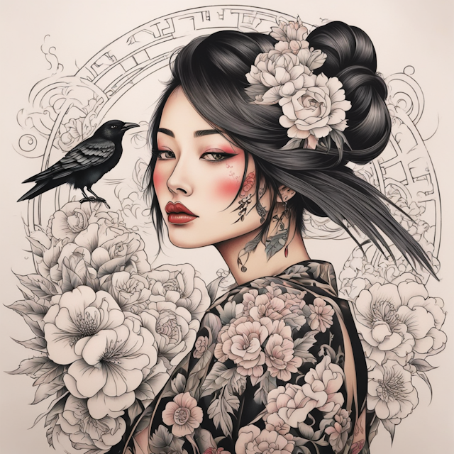 Neo Traditional Tattoo Style,young and feminine japanese woman face, flowers and crow, full sleeve tattoo