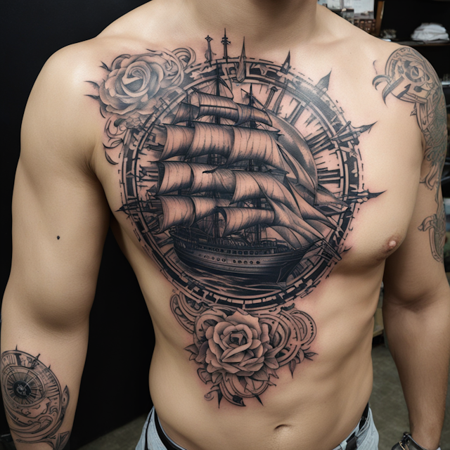 Tribal Tattoo Style,Railroad tracks navy anchor, ship, compass full sleeve and 