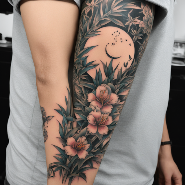 Neo Traditional Tattoo Style,moon through bamboo leaves sleeve