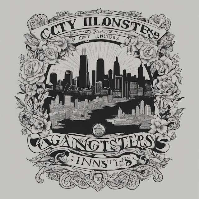 "Black and Grey Tattoo Style,Illinois state outline with the words city of gangsters inside of it"