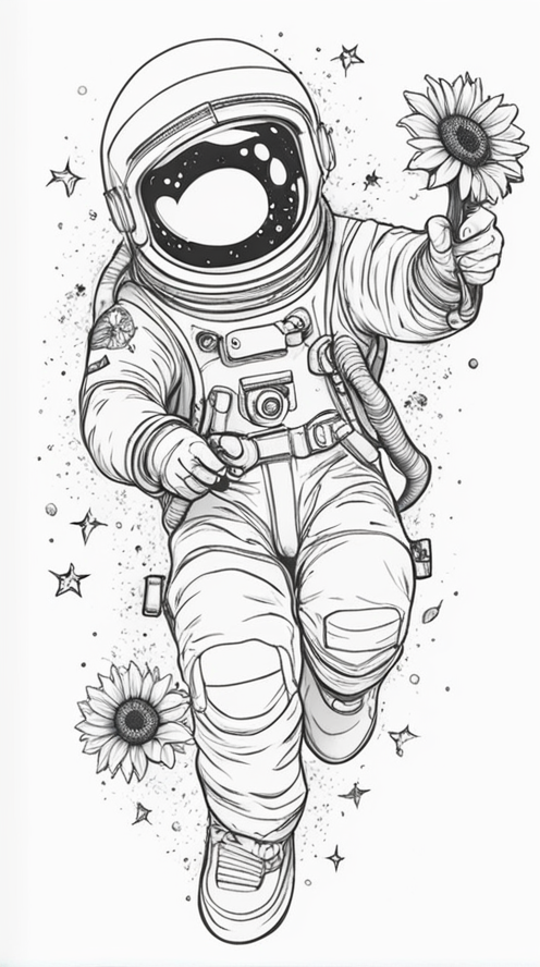 Irezumi Tattoo Style,an astronaut floating in space, holding a sunflower and looking at it  