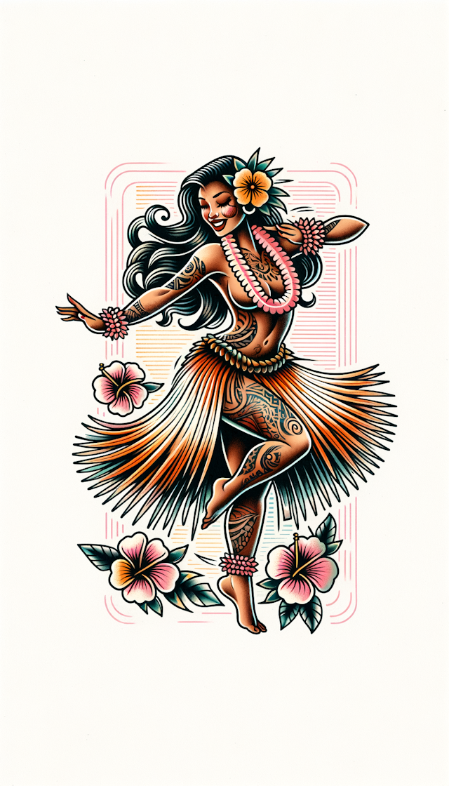 Old School Tattoo Style, Hula Girl dancing, full body, white background 