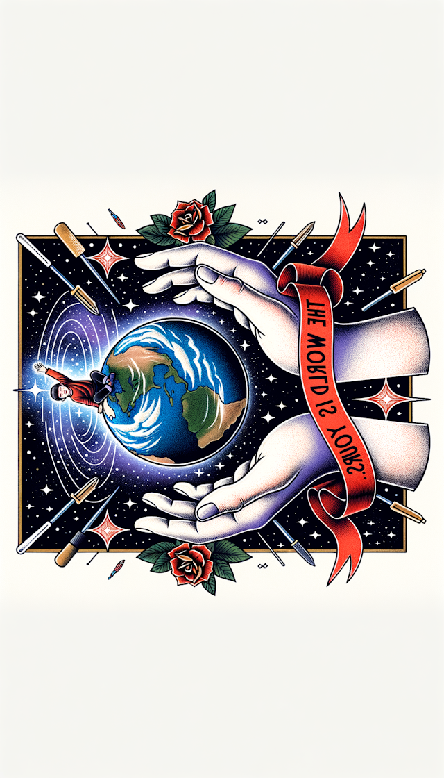 An inspirational scene depicting hands cradling the Earth with vast space in the background. On the Milky Way sits a child, pointing towards Earth with wonder and hope, symbolizing the limitless possibilities and potential of our world shoulder and on the earth the words “the world is yours” is around the earth like a ribbon in the colour red