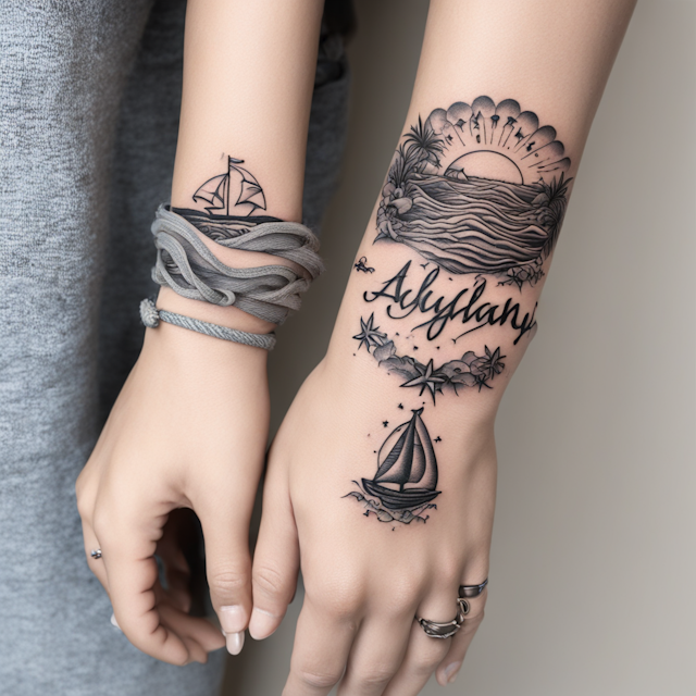 Old School Tattoo Style,Black and Grey Tattoo Style,Wrist wrap ocean tattoo with beach With name Aaliyah