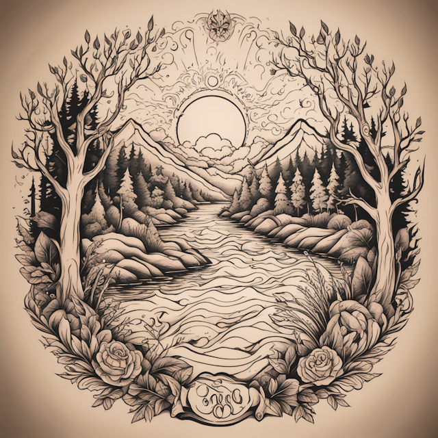 "Neo Traditional Tattoo Style,Tattoo of a river surrounded by woods, with God peering from above"