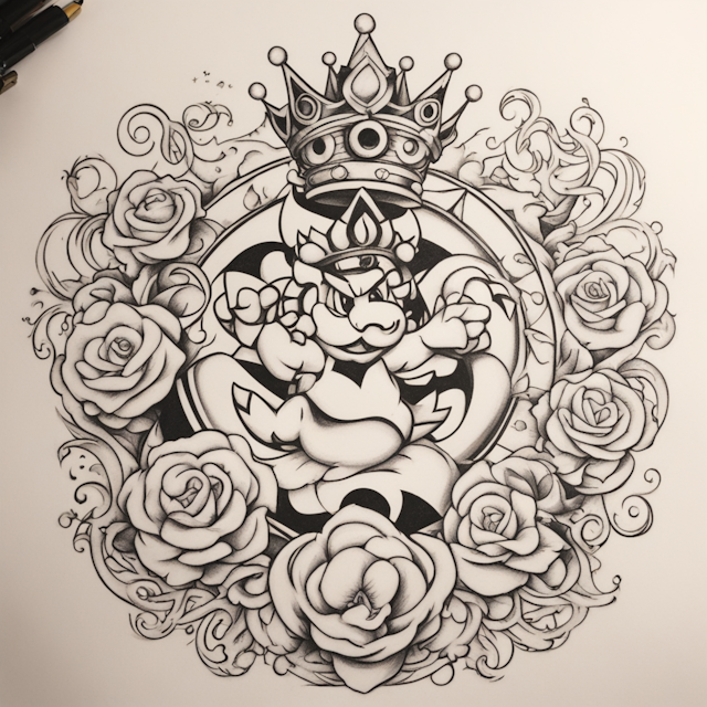 New School Tattoo Style,bowser's collar, princess peach's crown, intertwined together, creating a triskelion that is mario themed