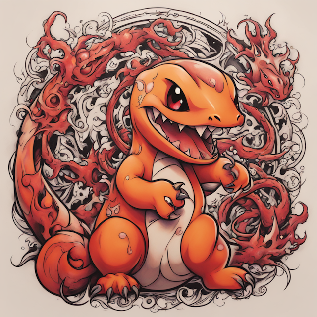 "Neo Traditional Tattoo Style,Charmander and carnage"