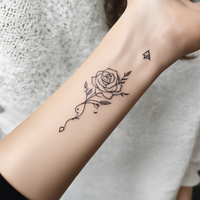 Line Tattoo Style,Create a minimalist tattoo design for women that features clean, simple lines and subtle, elegant details. The design should be small and delicate, focusing on symbols like a single line rose, a tiny heart, or a minimalist moon. Use minimal shading, emphasizing simplicity and grace, suitable for placement on the wrist, ankle, or behind the ear.