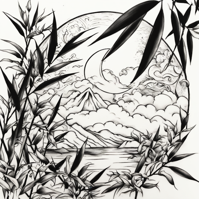 New School Tattoo Style,moon through bamboo leaves