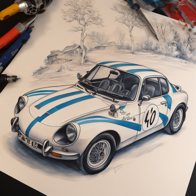 Neo Traditional Tattoo Style,A Alpine A110, winner of Monte Carlo Rally 70' in my 
leg twink. it should show a tattoo but like a draw in a epic style.