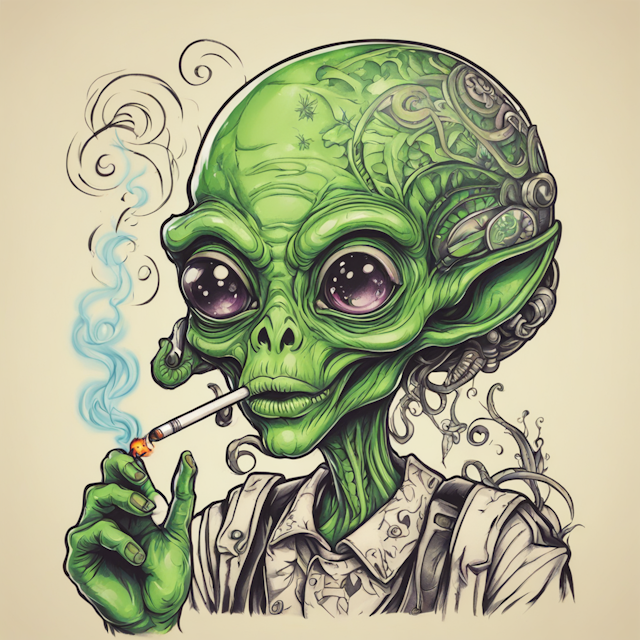 New School Tattoo Style,cute alien smoking a marijuana cigarette
