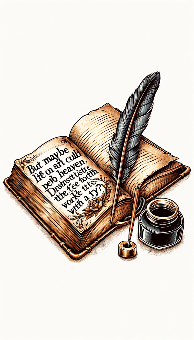 open Old book with a quill inkwell nearby combining, and text on the book says: But maybe life on earth could be heaven Doesn't just the thought of it make it worth a try? 