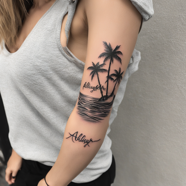 Irezumi Tattoo Style,Black and Grey Tattoo Style,Wrist wrap ocean tattoo with beach With name Aaliyah