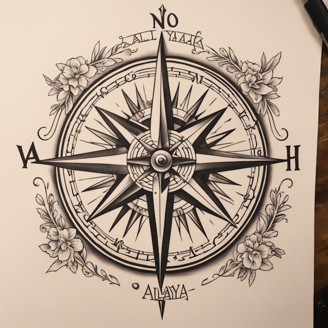 Neo Traditional Tattoo Style,Compass with Aaliyah name with an arrow