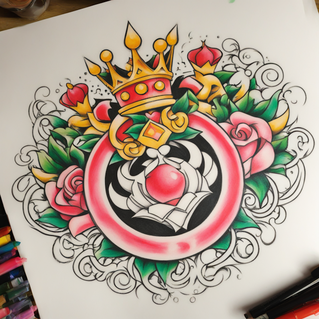 New School Tattoo Style,bowser's collar and princess peach's crown intertwined together creating a triskelion 