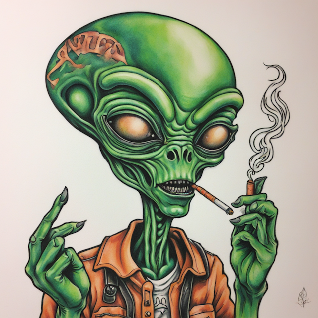 New School Tattoo Style,alien from movie "Paul" 
smoking a marijuana cigarette
