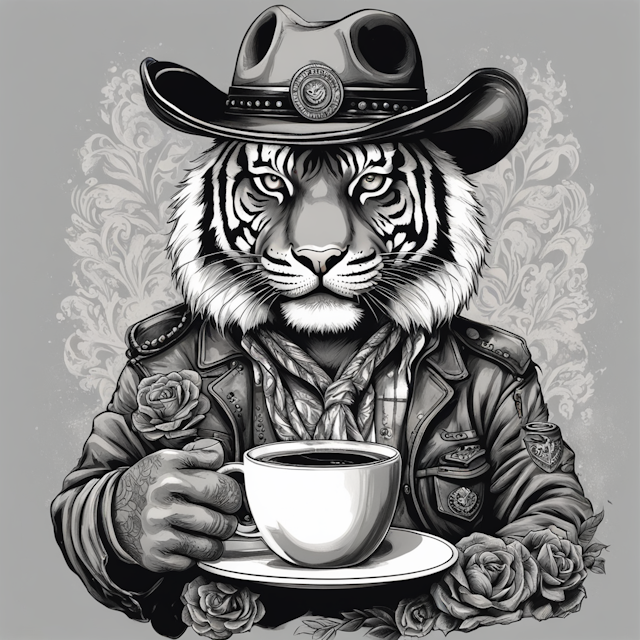 "Black and Grey Tattoo Style,army tiger wearing black cowboy hat drinking coffee"