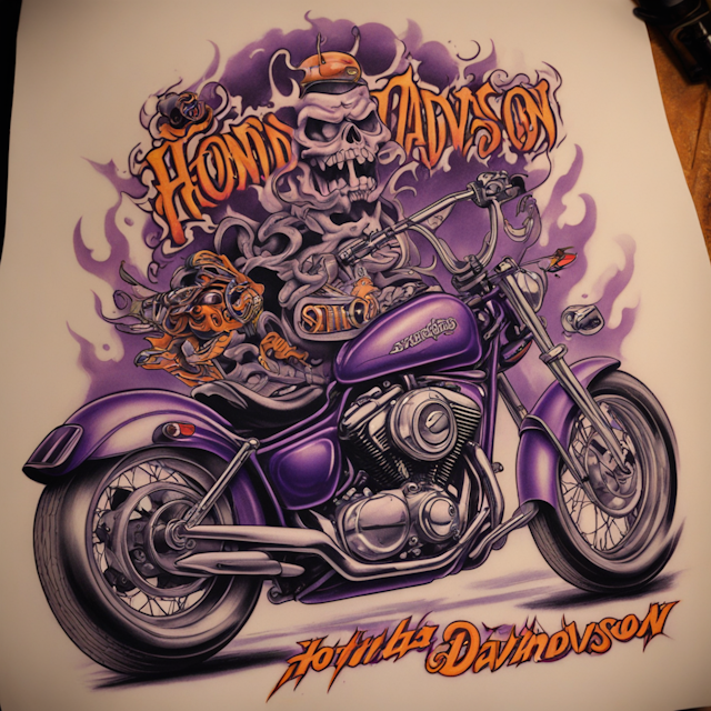 "Old School Tattoo Style,Honda logo and Harley Davidson logo tattoo sleeve with purple lighting bolts with everything in Ed Roth style art with Ed Roth characters"