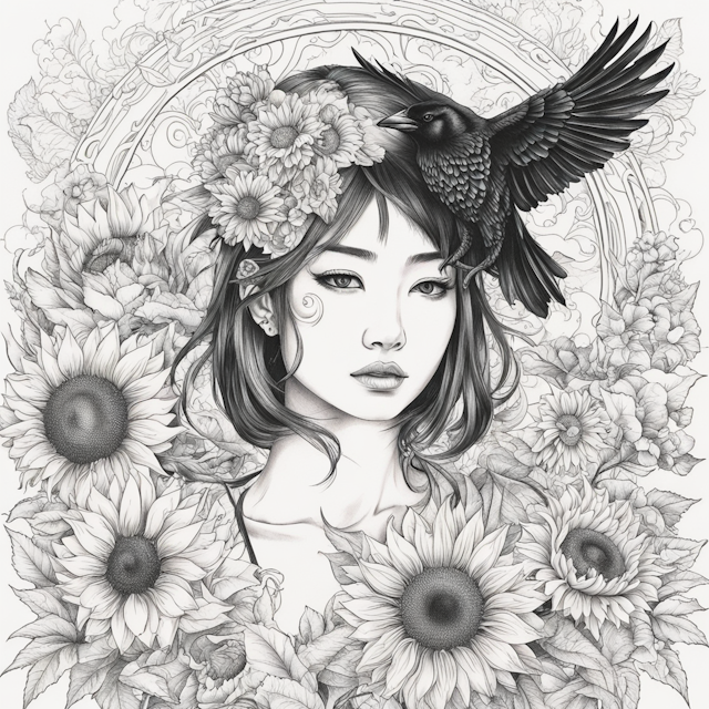 Irezumi Tattoo Style,young and feminine japanese woman face, crow, amazons, sunflower