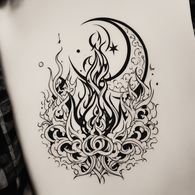 Irezumi Tattoo Style,simple, long flaming torch with a pointed tip piercing through the triple moon symbol