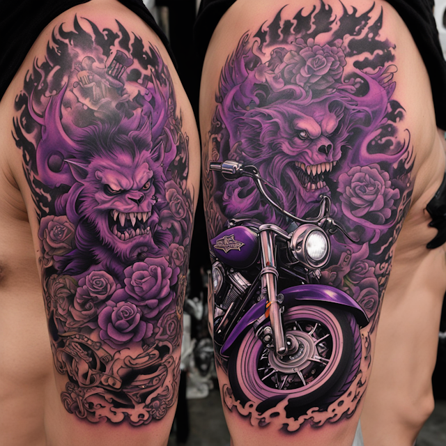 "Neo Traditional Tattoo Style,Harley Davidson logo tattoo sleeve with purple lighting bolts with everything in Ed Roth style art with Ed Roth characters"